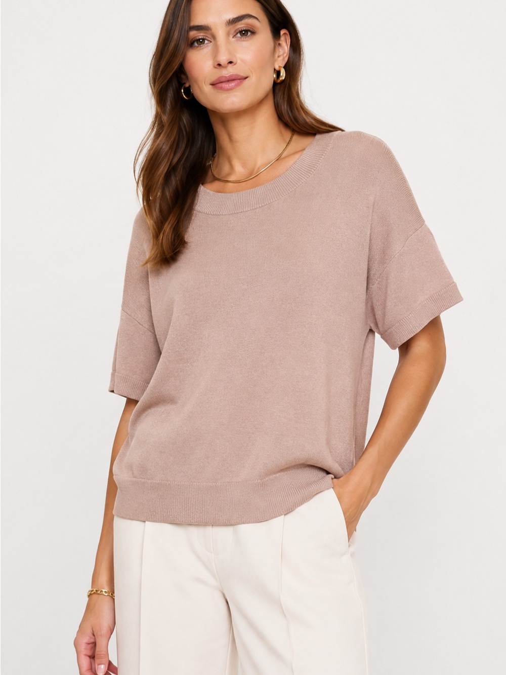 Banana Republic Womens XL Blush Tan Oversized Short Sleeve Knit Sweater Top New